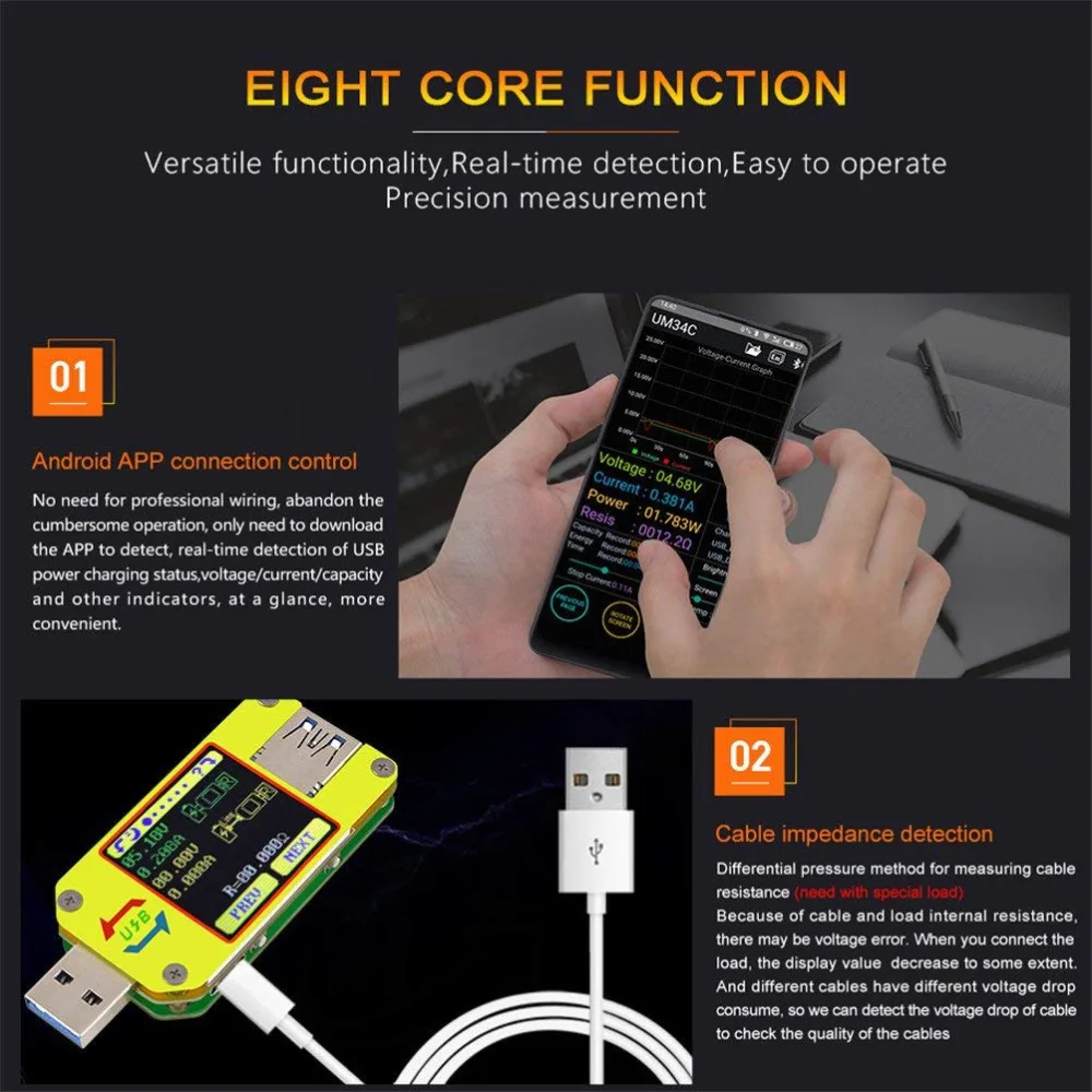 USB тестер UM34 UM34C для приложения USB 3,0 тип-c Вольтметр постоянного тока Амперметр измеритель напряжения заряда батареи измерительный тестер сопротивления кабеля