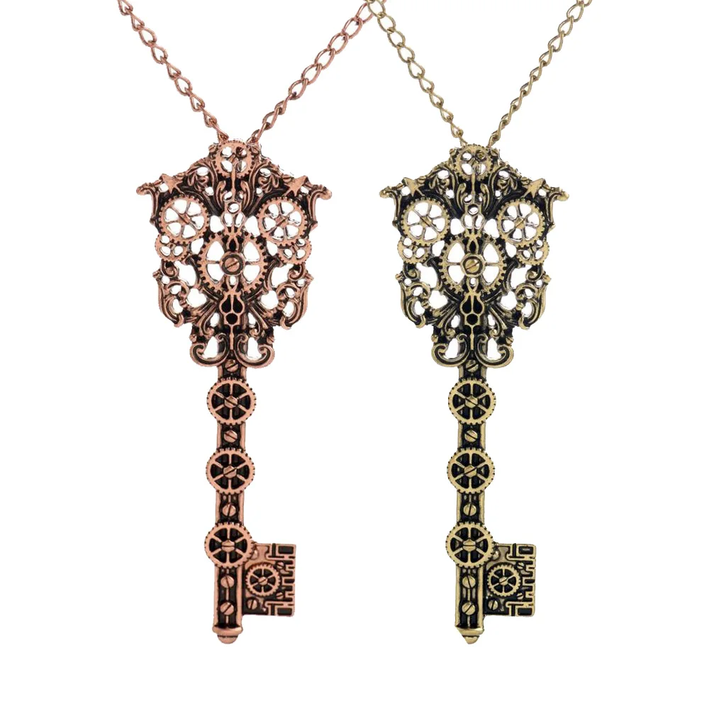 2pcs Vintage Filigree Skeleton Key Gear Cog Steampunk Chain Pendant Necklace
