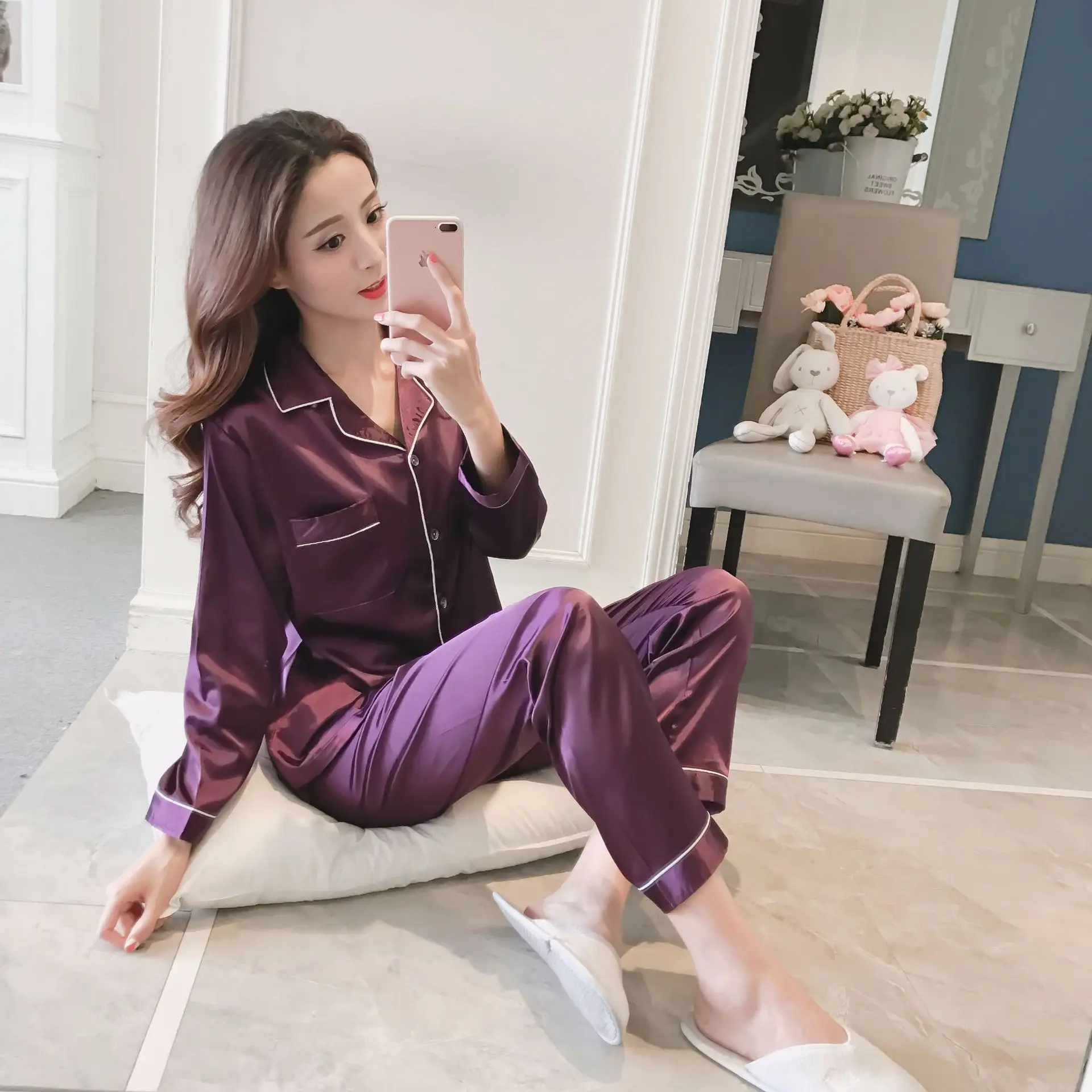 Женская шелковая атласная пижама, пижамный комплект, пижама с длинным рукавом, весенний Пижамный костюм, женский комплект из 2 предметов, домашняя одежда размера плюс M-5XL - Цвет: purple