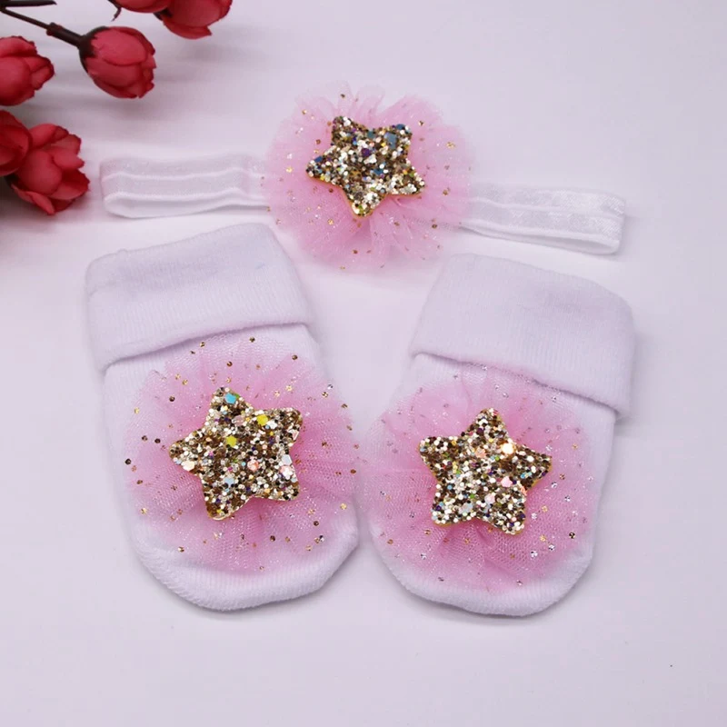 Г. Носки для маленьких девочек блестящие сетчатые цветы, детские Нескользящие носки+ повязка на голову, 2 комплекта
