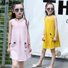 Новое летнее детское платье без рукавов милое и милое свободное хлопковое и льняное платье с круглым вырезом для больших девочек 4-10 лет