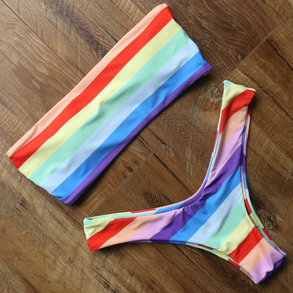 

Rainbow Printed Swimsuit Female Off Shoulder Bikini Set Strapless Swimwear Women Bikini Push Up 2018 Brazilian Bathing Suit