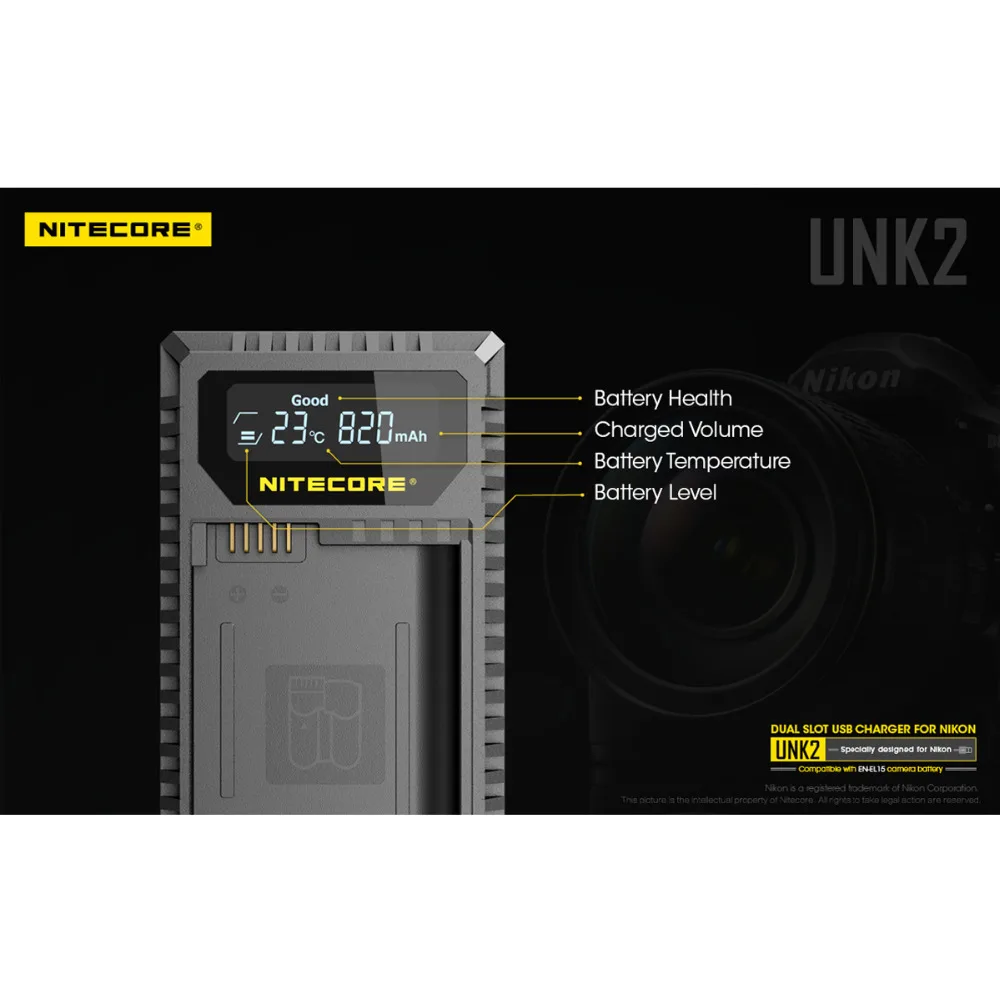 Nitecore UNK2 Dual USB Зарядное устройство для Nikon EN-EL15 Батарея D500 D600 D610 D750 D800 D800E D810 D810A V1 1V1 D850 D7000 D7100