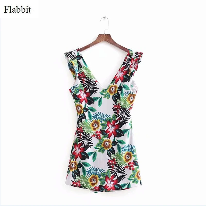 

Flabbit women tropical leaves flower print ruffles playsuits v neck wasit cut off siamese pants fashion female jumpsuits DS144