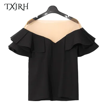 

TXJRH Sexy Mesh Patchwork Chest Cascading Ruffles Short Butterfly Sleeve T-Shirt Fashion Women Slim Tee Tops 2 Color SY17-05-67