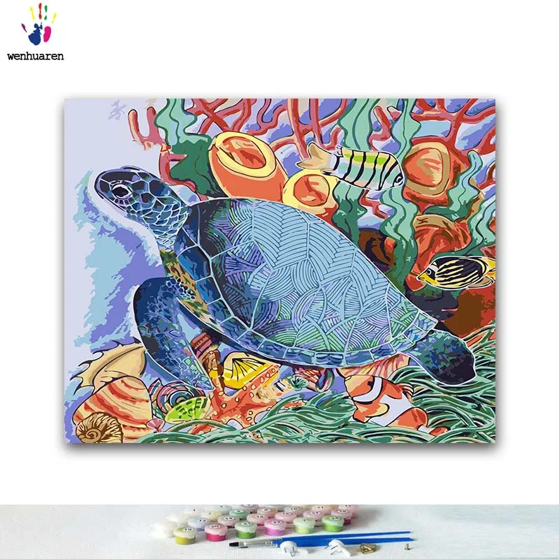 

DIY Coloring paint by numbers Turtle swimming under the sea paintings by numbers with kits 40x50 framed