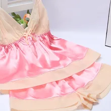 V-образным вырезом искусственный шелк женская пижама Спагетти ремень Кружева Сексуальный пижамный комплект