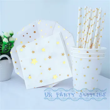 

24 Sets Party Paper Dessert Tableware Gold Star Plates Foil Gold Drinking Paper Straws Star Cups for Bridal Shower Wedding