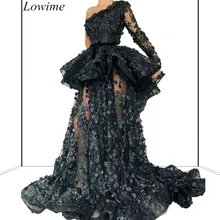 Длинные черные платья знаменитостей размера плюс с цветами и бусинами на одно плечо, Сексуальные вечерние платья