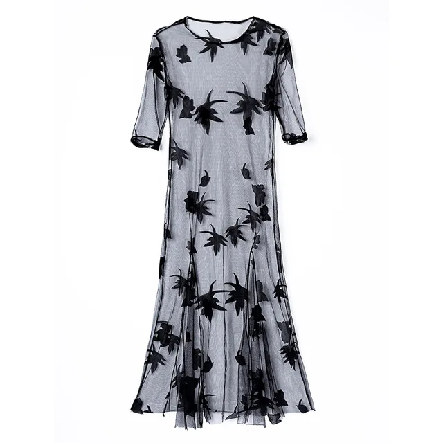 Black Sheer Sexy Long Beach Cover Up Lace Flower Mesh Short Sleeve