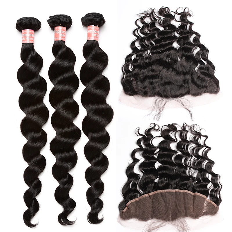

Ever Beauty 3 Human Hair Bundles With 13x4 Lace Frontal Closure 4Pcs/Lot Brazilian Loose Wave Remy Hair Bundles With Closure