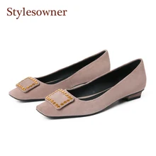 Stylesowner Роскошные на низком каблуке весенние туфли без шнуровки Повседневная заклепки пряжки квадрат ног обуви все матч с открытым носком балетки