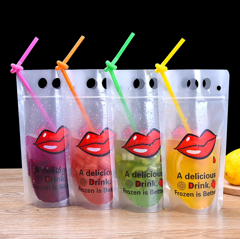 

5000pcs/lot New Design 7 Styles Plastic Drink Packaging Bag Pouch for Beverage Juice Milk Coffee with Handle and Holes for Straw