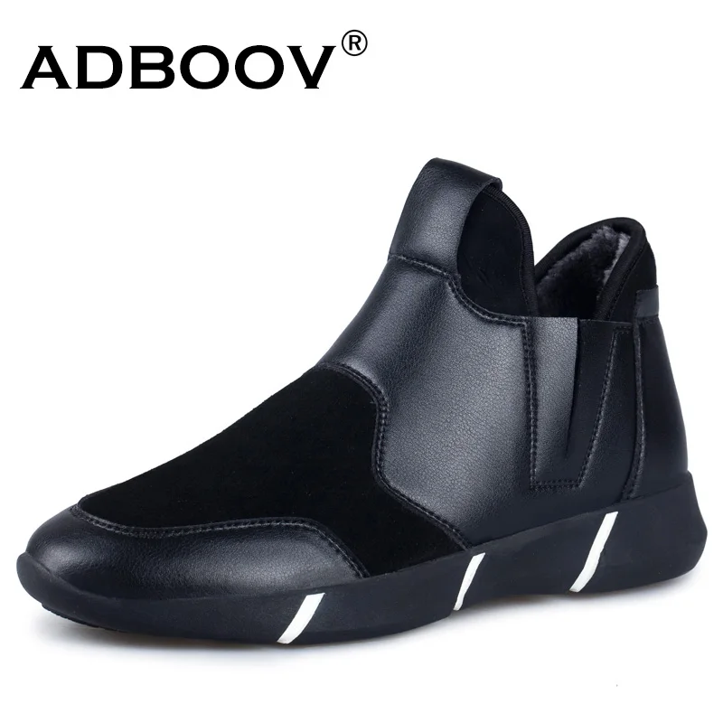 

good quality mens slip-on snow boots with plush inside fashion model winter set feet high top shoes have fur inner man warm boot
