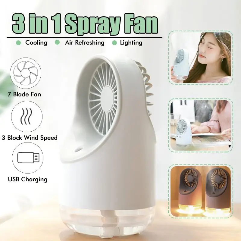 

3 In 1 Portable Table Fan 2000 mAh Battery Fan Air Humidifier 200ml USB Essential Oil Diffuser with Night Light