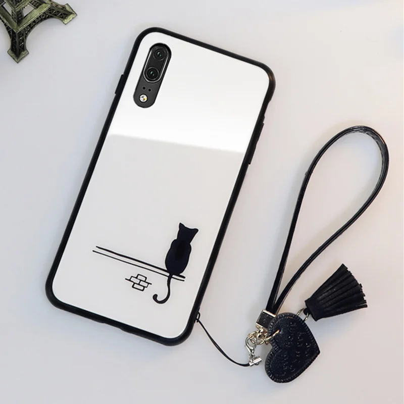 BONVAN закаленное Стекло футляр чехол для huawei P30 P20 Pro чехол на huawei p30 pro p20 lite case кошка сердце кисточкой шнурки случай защиты чехлы на телефон - Цвет: 01