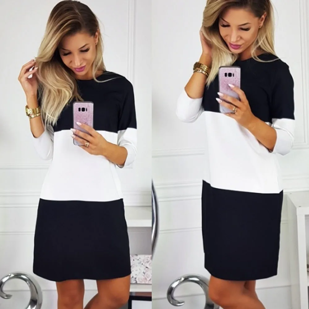 

Autumn Fashion Black White Patchwork Dress 2018 O-Neck Casual Straight Dress Party Sexy Mini Dresses Vestidos Women Clothing