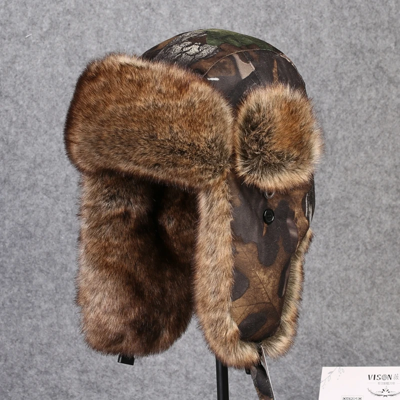 B-8434 Man Bomber Hat Faux Rabbit Fur Russian Ushanka Hat Earflap Aviator Trapper Adult Winter Warm Snow Ski Cap mens fur bomber hat Bomber Hats