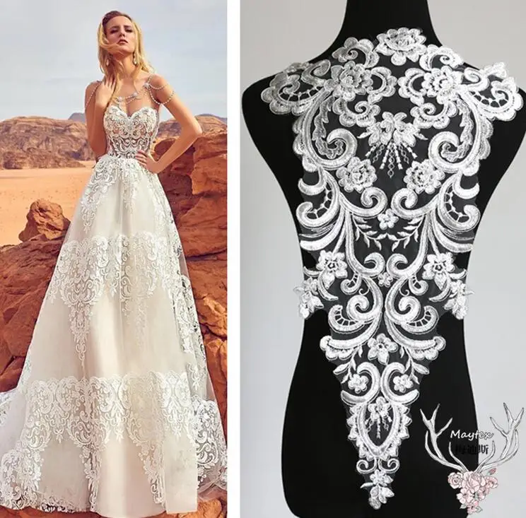 

1 Piece 59*32cm Large Bridal Lace Applique Ivory Flower Lace Trim Sequins Appliques DIY Crafts Material For Wedding Dress