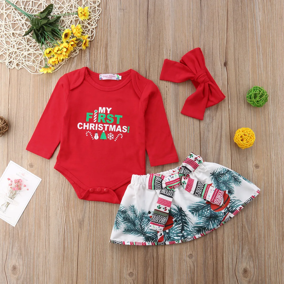 Милый Рождественский красный хлопковый комбинезон с длинными рукавами и рисунком оленя для новорожденных девочек Кружевное платье-пачка комплект одежды из 3 предметов