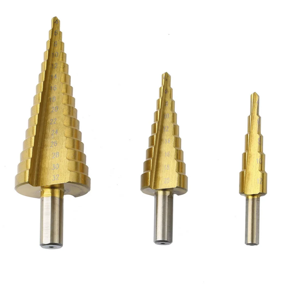 Step Drill Bit >> 3Pcs/lot HSS Steel Large Step Cone Titanium Coated Metal ... Step Drill Bit >> 3Pcs/lot HSS Steel Large Step Cone Titanium Coated Metal ...
