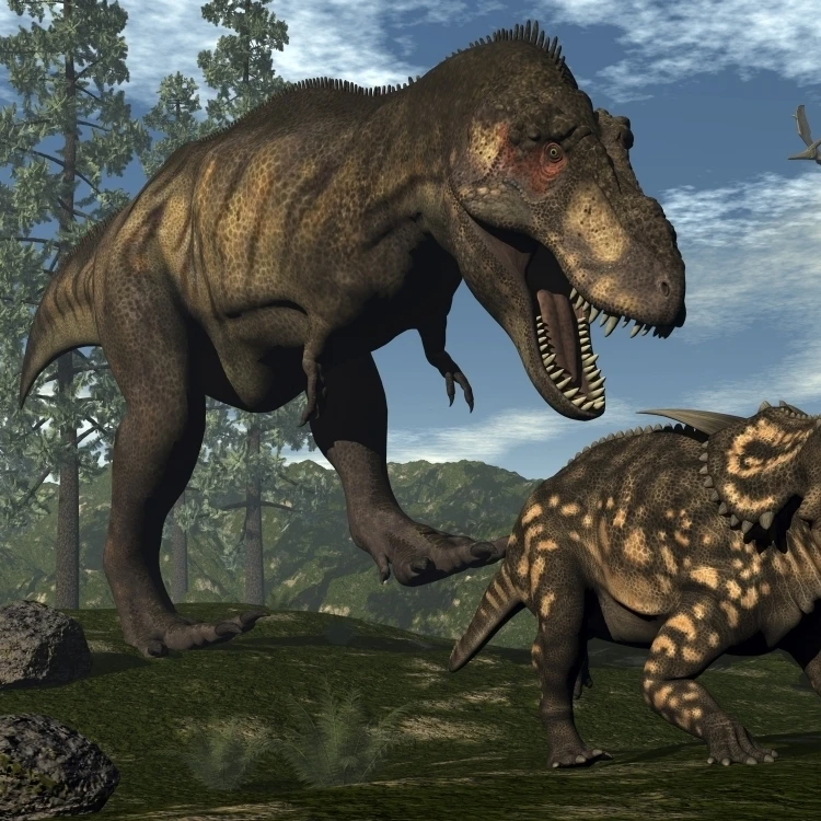 Tyrannosaurus rex attacking an Einiosaurus dinosaur Poster Print (32 x 24)