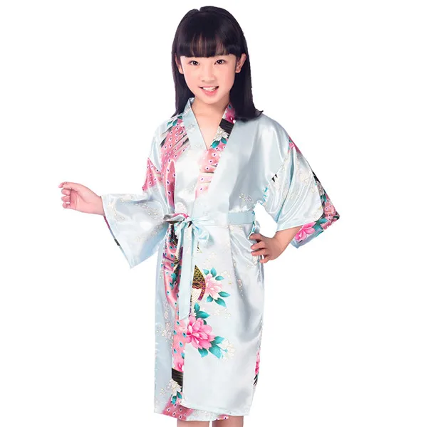 Фиолетовое детское атласное кимоно с цветочным рисунком; халат подружки невесты; платье с цветочным узором для девочек; детский халат; одежда для сна; домашний халат для маленьких детей - Цвет: Light Blue
