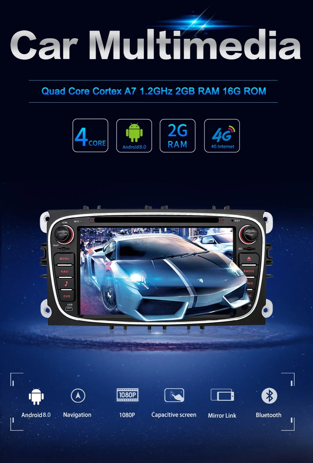 Excellent 2 DIN car dvd GPS quad core android 8.1for Ford for focus Mondeo S-max smax Kuga c-max WIFI BT SWC GPS multimedia player 2G RAM 3