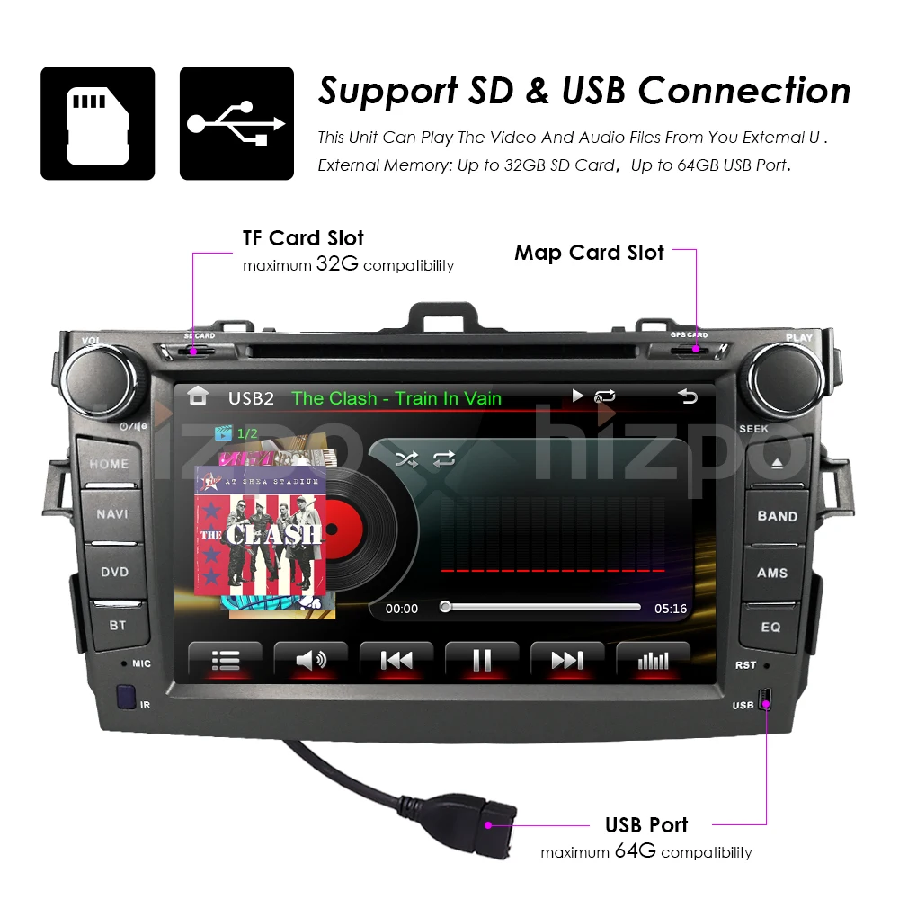 Best Hizpo Car DVD Player 8 Inch Touch Screen GPS Stereo For Toyota Corolla 2007-2011 iPhone Music/AM FM Radio/SWC/Bluetooth/3G/AV-IN 18