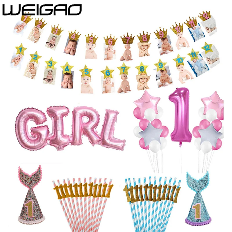 

WEIGAO Girl First 1st Birthday Party Decoration Kids Number Balloons 12 Months Newborn Baby Shower Photo Frame Banner Garlands