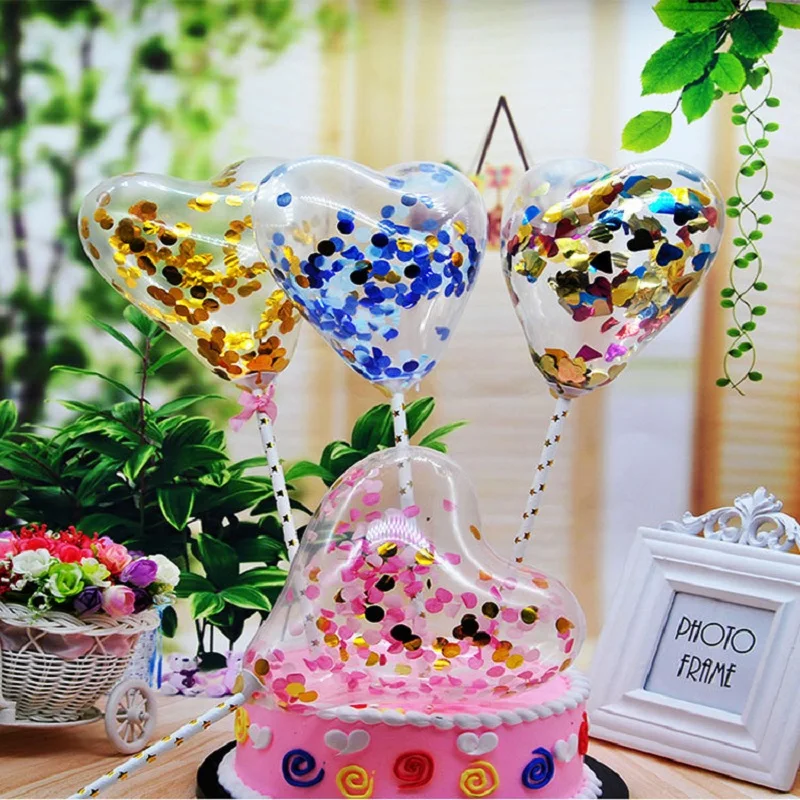 

1pc 5 inch Heart Confetti Balloon Cake Topper Decoration with Paper Straw Ribbon Table Baby Shower One Birthday Wedding Party