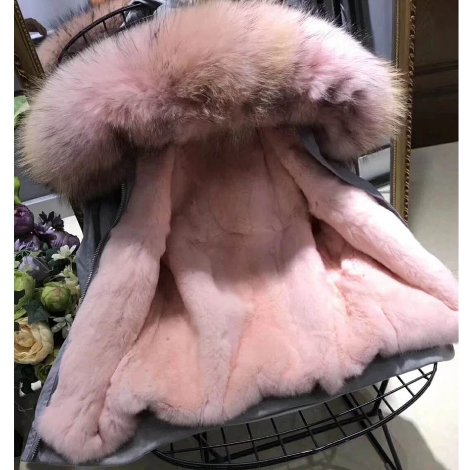 Parka Winter Jacket Women Parka Real Fur Coat Big Natural Warm Hick Raccoon Fur Collar Hooded Rabbit Fur Lining Parkas WT007