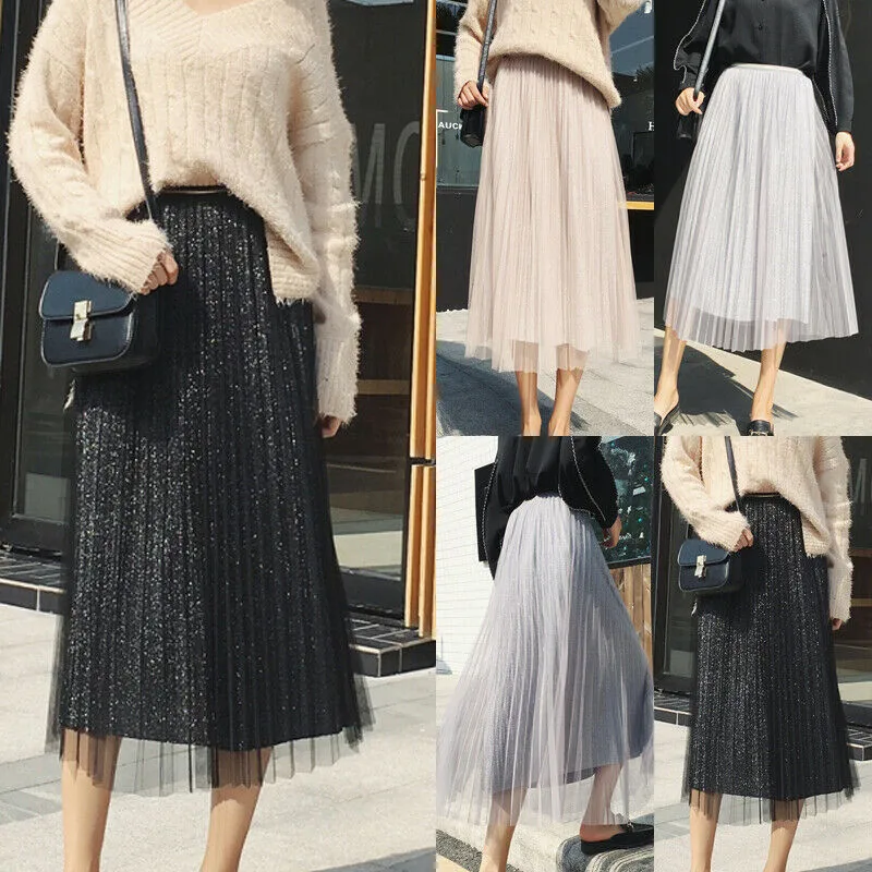 

Casual and Loose Solid Breathable O-Neck Women Retro Sequins Boho Swing Long Elastic Waist Pleated Full Sleeve Dress