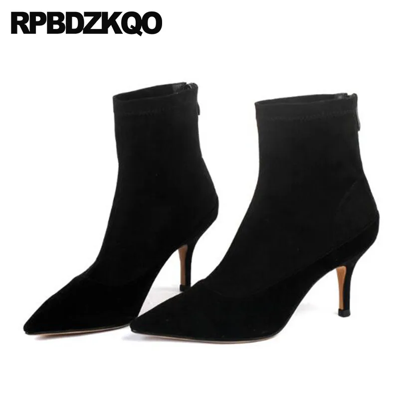 Negro Oveja De Piel Zapatos Dedo Punta Genuino Mujeres Stiletto Otoño Marca Las Del Suede Invierno 2018 Cuero Alto Corto Pie Tacón rqwrd5Ef
