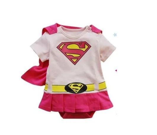 Free Ship 4 sets New Baby Boy Girl Super Girl Romper Superman Romper with Dress Smock