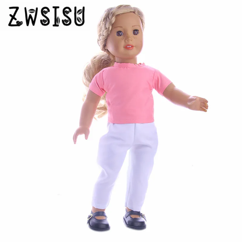 

Pink T-shirt and white trousers for 18 inch American doll, suitable for 43cm doll, birthday gift for children