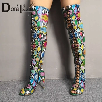 

Luxury Brand Design Big Size 35-47 Colorful Snake Print Women Shoes Woman Sexy Thin High Heels Summer Boots Over The Knee Boots