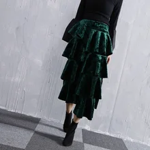 ASYMSAY Europe Lotus Leaf Asymmetry Shiny Fabric Velvet Skirt For Women Back Split Elastic High Waist Skirts Female AC2122