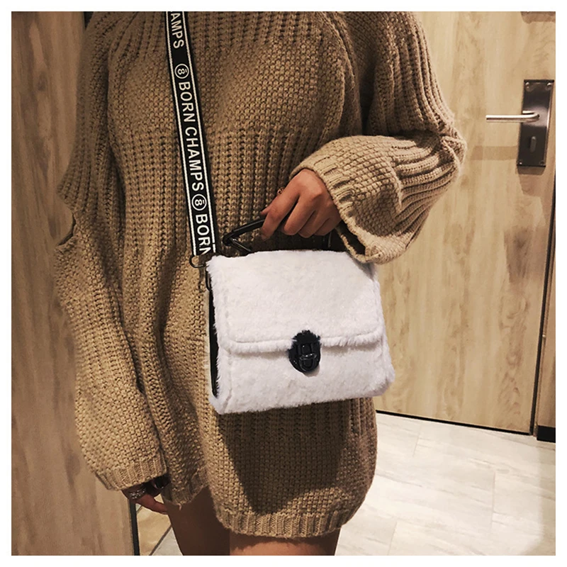 Winter Women New Hairy Bag Tote Shoulder Satchel Bags Korean Small Square Broadband Turn Lock Warm Plush Sweet for Girls SS3507 (20)