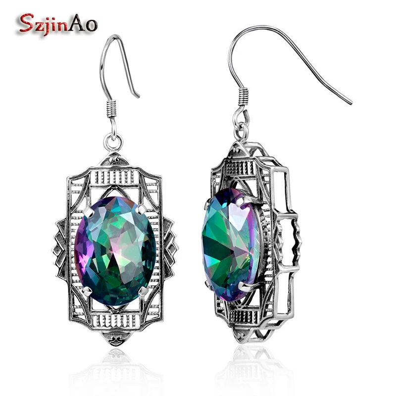 

Szjinao Hot Sale Bohemian Earings Fashion Jewelry 4.8ct Rainbow Topaz Earrings For Women 925 Silver Female Earrings brincos 2018
