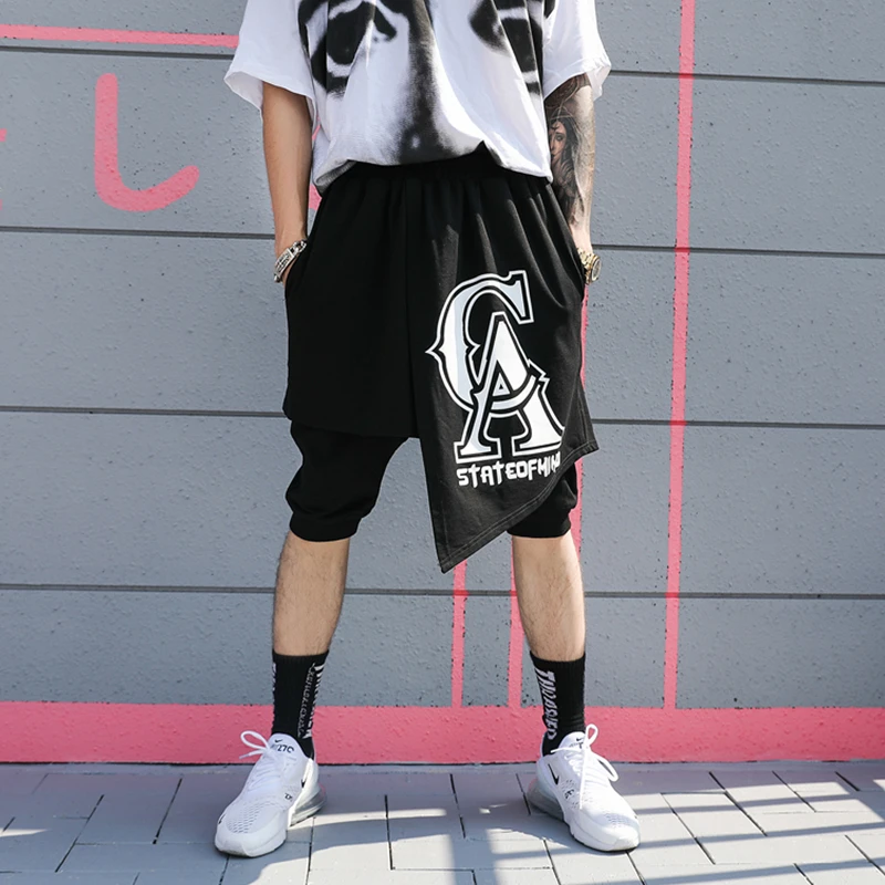 Летние короткие юбки брюки мужские до колена черный цвет хип хоп стильные поддельные две части брюки