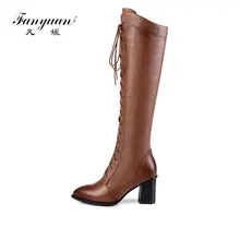 Fanyuan/Для женщин для зрелых женщин сапоги до колен на высоком каблуке брендовые качественные Зимняя обувь из натуральной кожи дамские стильные туфли в сдержанном стиле на молнии Женская Обувь