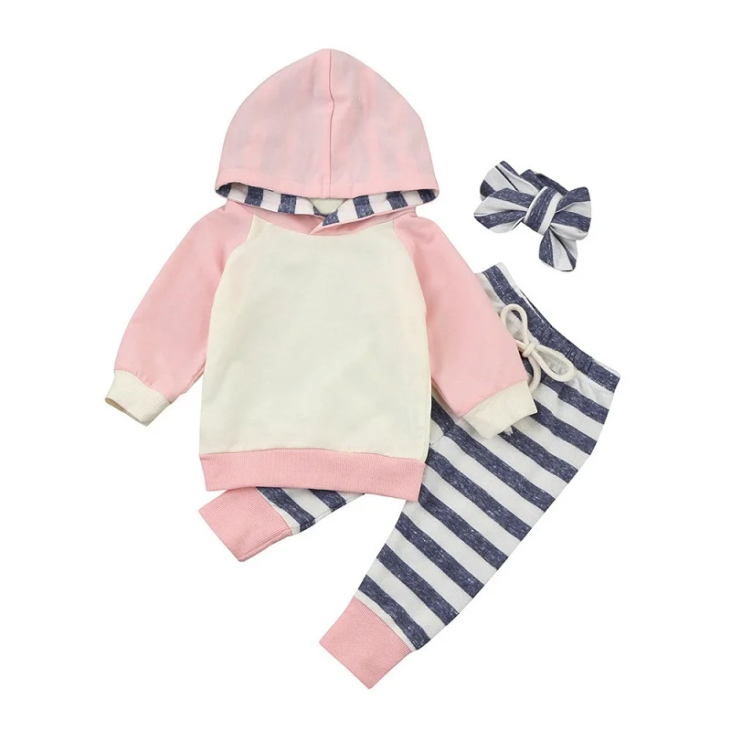 Одежда для новорожденных девочек г., Осенний полосатый топ с капюшоном и длинными рукавами+ штаны для маленьких мальчиков комплект одежды из 3 предметов для детей от 3 до 24 месяцев