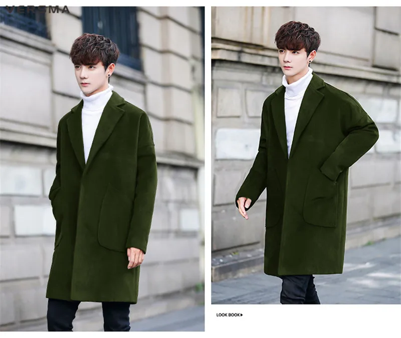 Versma корейский Повседневное Модные свободные BF зеленый шерстяной бушлат Для мужчин зимние Винтаж Стиль Костюмы Для мужчин длинные куртки