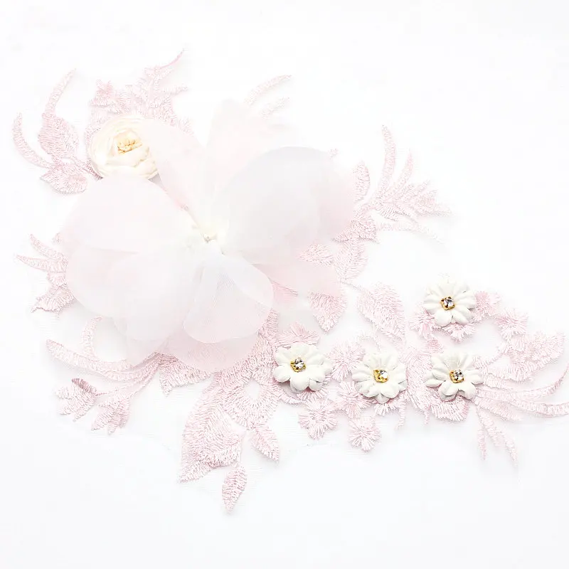 Красивая розовая Кружевная аппликация со стразами 3D цветы вышитая кружевная отделка для платья свадебное вечернее платье кружевные аппликации