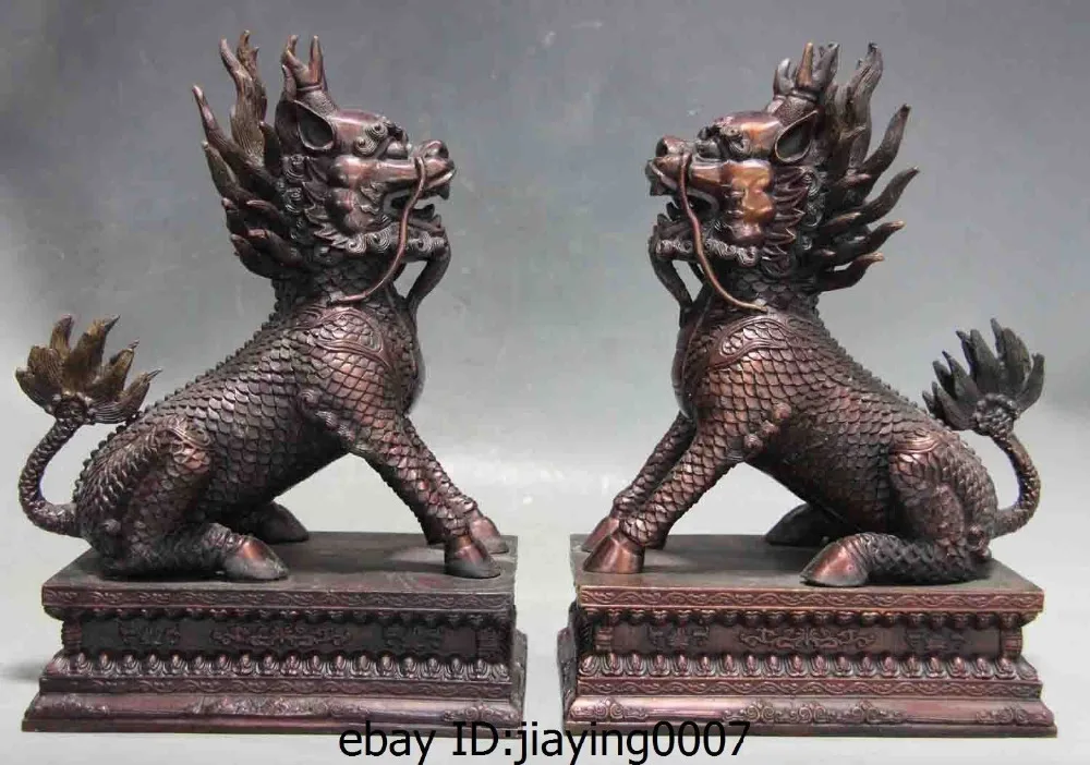 

Chinese Red Bronze Copper Feng Shui Fu Dog Kylin kirin Unicorn beast Pair Statue Garden Decoration 100% real Brass Bronze