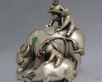 

8" Chinese fengshui Silver 3 Child Kid shepherd boy Ride Bull Ox Wealth Statue