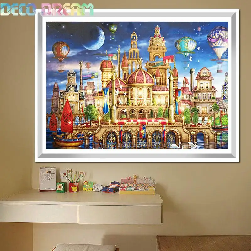 

Diy Full Round Pebble Kids Diamond Embroidery Painting Rhinestones Kit Fantasy Castle Cartoon Mosaic Decor Hobby Gift Wholesale
