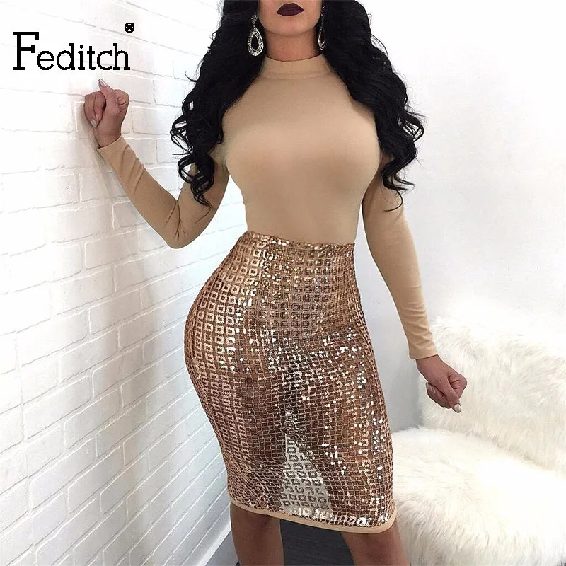 

Feditch New Autumn Winter 2 Piece Dress Women Long Sleeve Party Dresses Sexy Women Bodycon Sequin Dress Clubwear Lady Vestidos