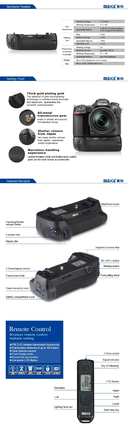 

New Battery grip MEKE MK-D500 Pro Built-in 2.4GHZ FSK Remote Control Shooting for Nikon D500 Camera